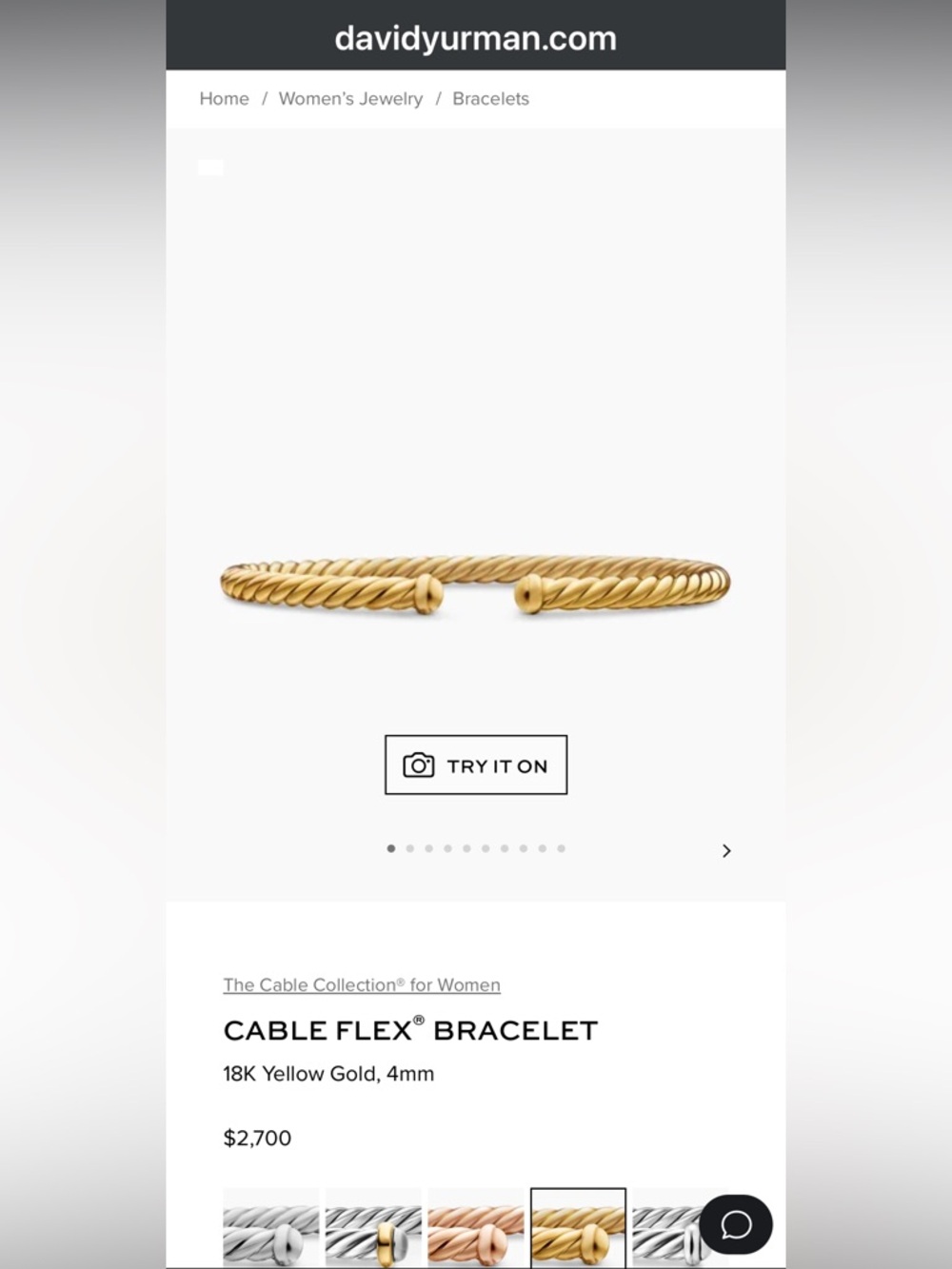 David Yurman 18k yellow gold Cable Flex bracelet, 4mm 6.5-7 inch size